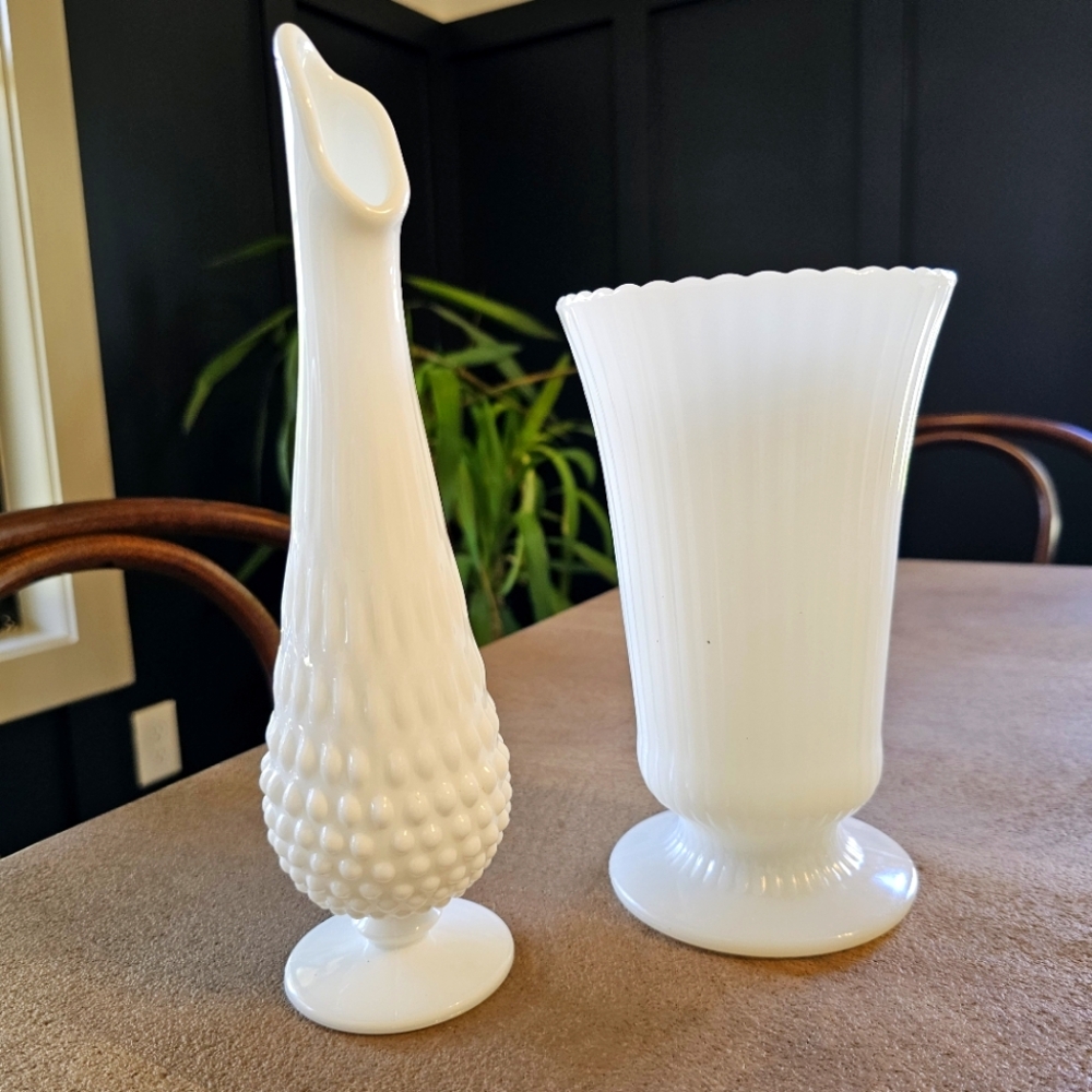 White milk glass fenton hobnail vase set of 2